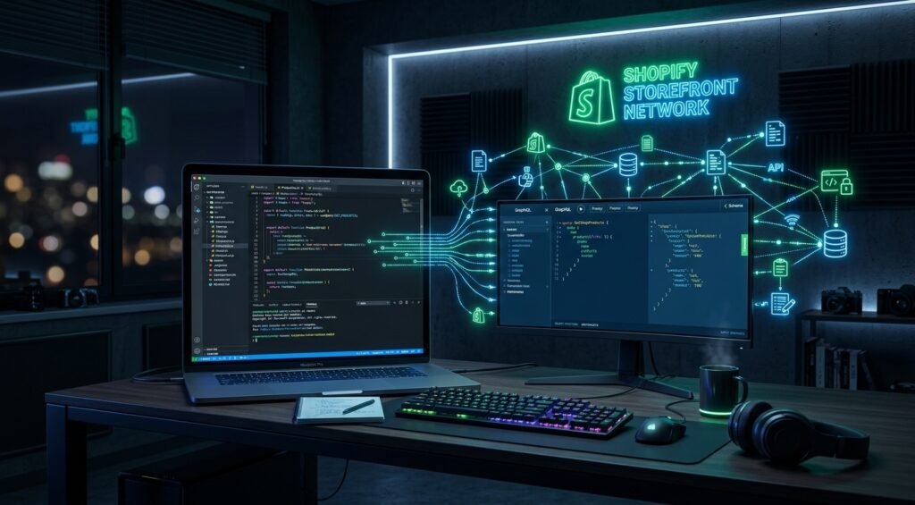 How to Build Headless Shopify Store with React: 7 Best Tips 1 Developer workstation displaying code and GraphQL schemas to build headless Shopify store with React