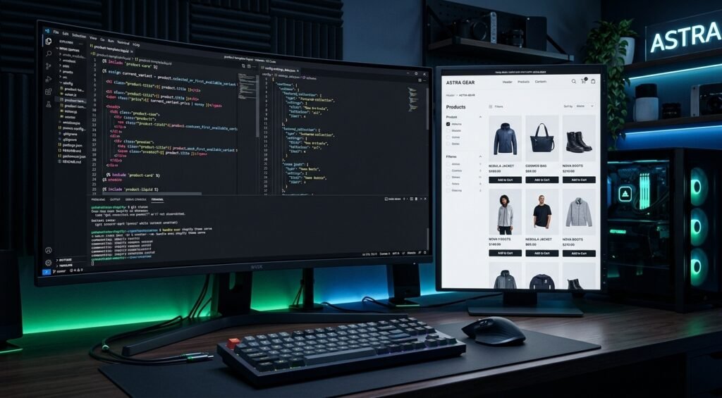 Code editor displaying custom Liquid sections in Shopify theme setup