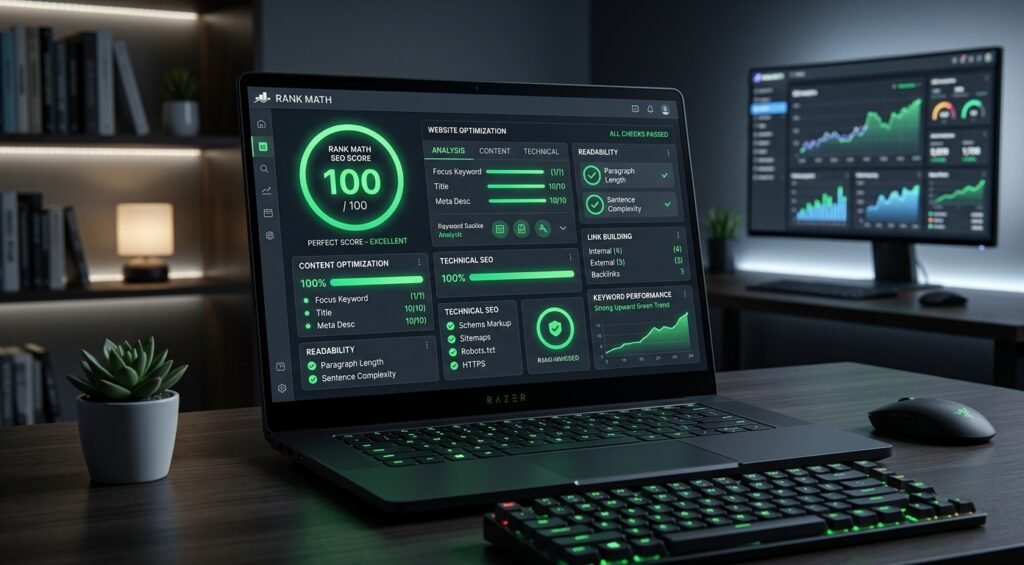 Dashboard displaying high score metrics for Rank Math SEO optimization