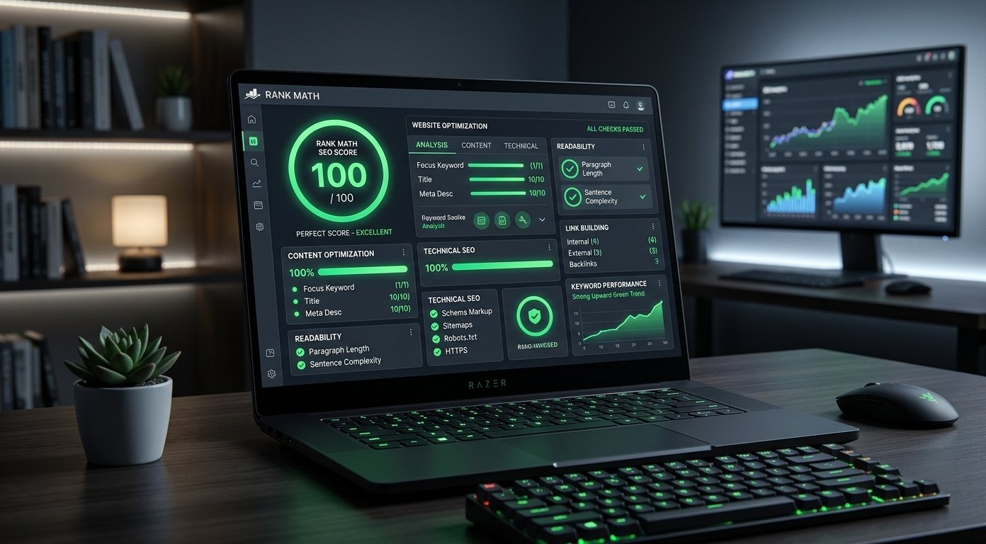 Dashboard displaying high score metrics for Rank Math SEO optimization