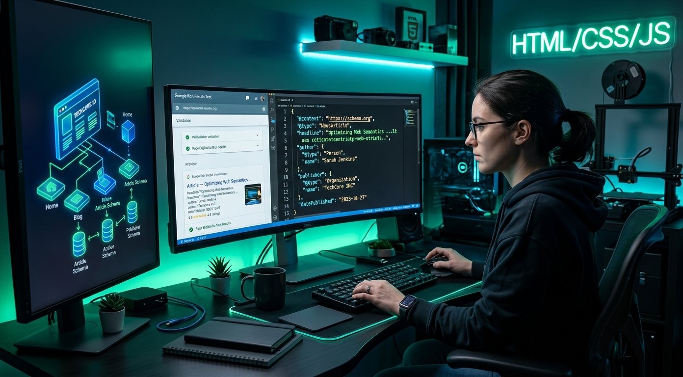 Developer inspecting JSON-LD schema markup for technical SEO on modern dark mode monitor