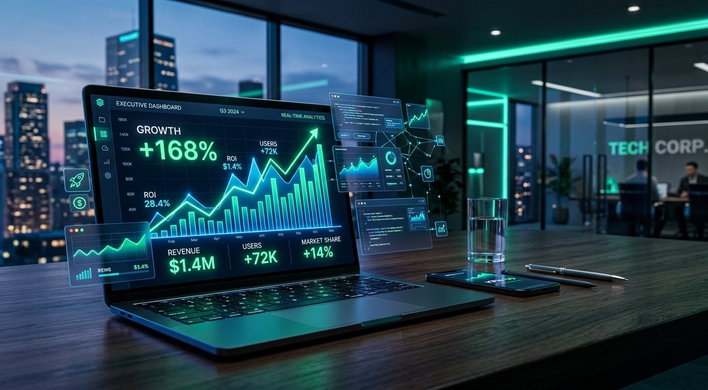 Strategic web development for business growth dashboard displaying high conversion metrics and sales analytics